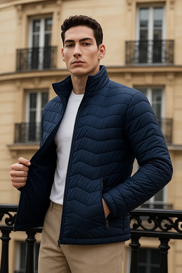 Erkek Premium Basic Kapitone Lacivert Şişme Mont - 2