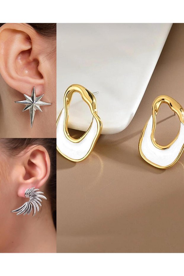 3-Piece Combination Set: Silver Color North Star and Wing Earrings | Asymmetrical Earrings | Trend Accessories