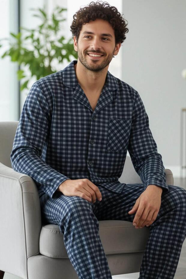 Navy Blue Gray Plaid Patterned Front Buttoned Elegant Men's Pajama Set