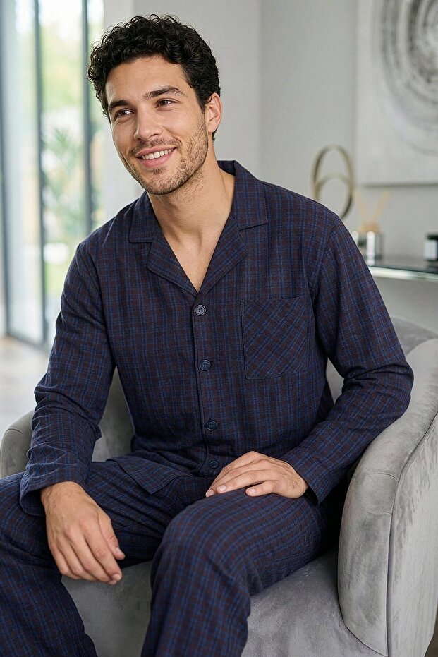 Navy Blue White Plaid Patterned Front Buttoned Elegant Men's Pajama Set