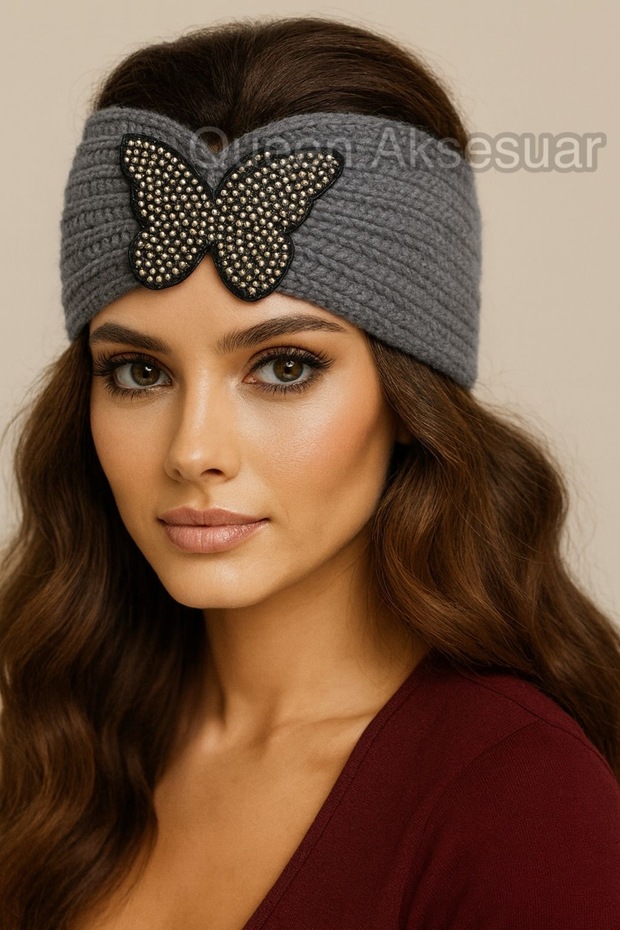 Butterfly Stone Embroidered Knit Knitted Stretchy Wool Fabric Women Hair Bandanas Ear Warmer Gray