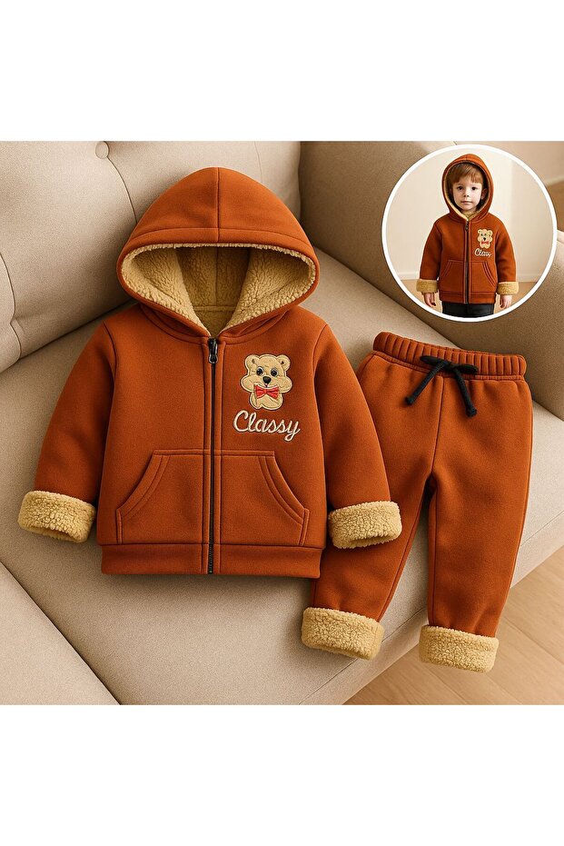 Winter3 Yarn-Unisex Children's K Hooded Zippered Suit – Embroidered Teddy Bear, Furry Inside