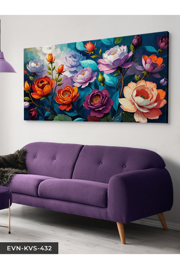 Blue Leaves Orange and Purple Flowers One Piece Canvas - Canvas Painting