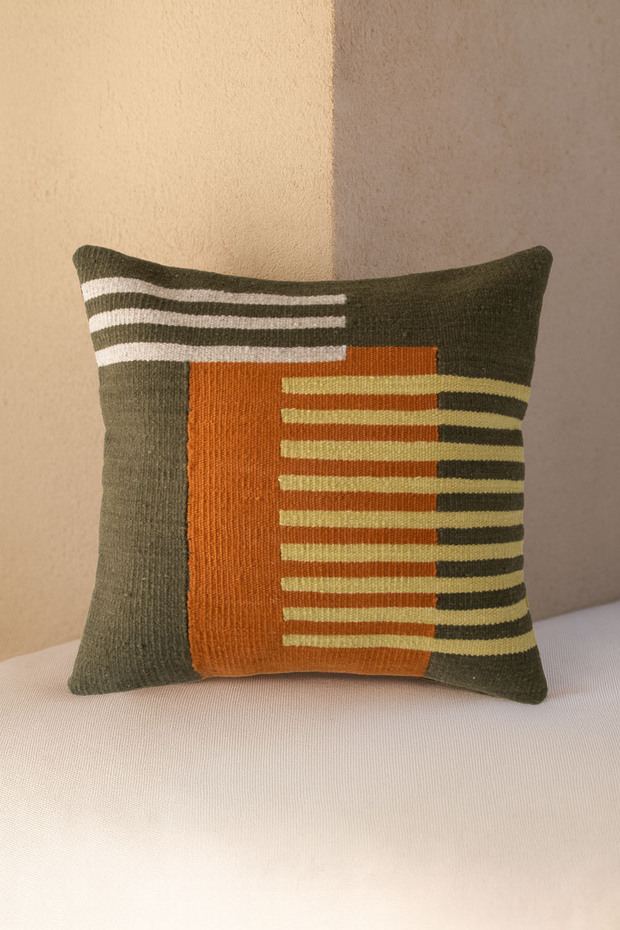 Geometric Striped Handmade Wool Cushion Cover Green 45X45