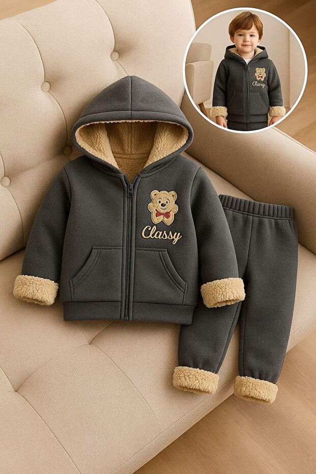 Winter3 Yarn-Unisex Children's K Hooded Zippered Suit – Embroidered Teddy Bear, Furry Inside