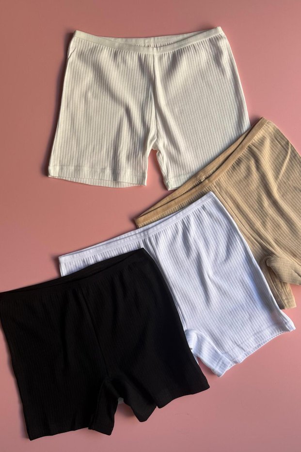 Cotton Hug | 4-Pack Black, White, Tan and Ecru Ribbed Knit Fabric Cotton A-Line Women's Short Shorts-Boxer