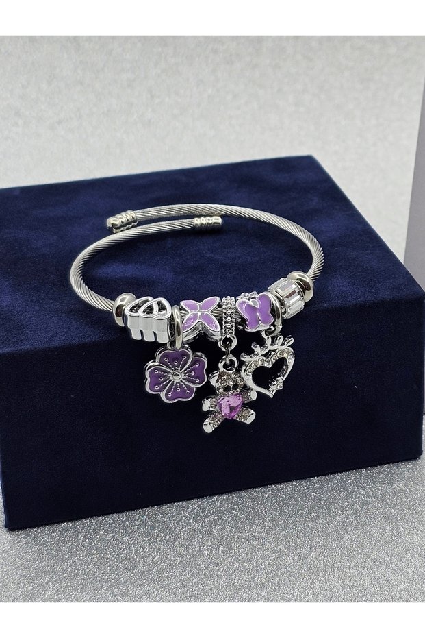 Purple Colored Steel Bracelet with Charm Teddy Bear and Heart