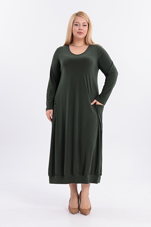 Stylish & Elegant Long Length Stretch Fabric Stretchy Sendy Fabric Square Pocket Long Sleeve Crew Neck Dress 5031