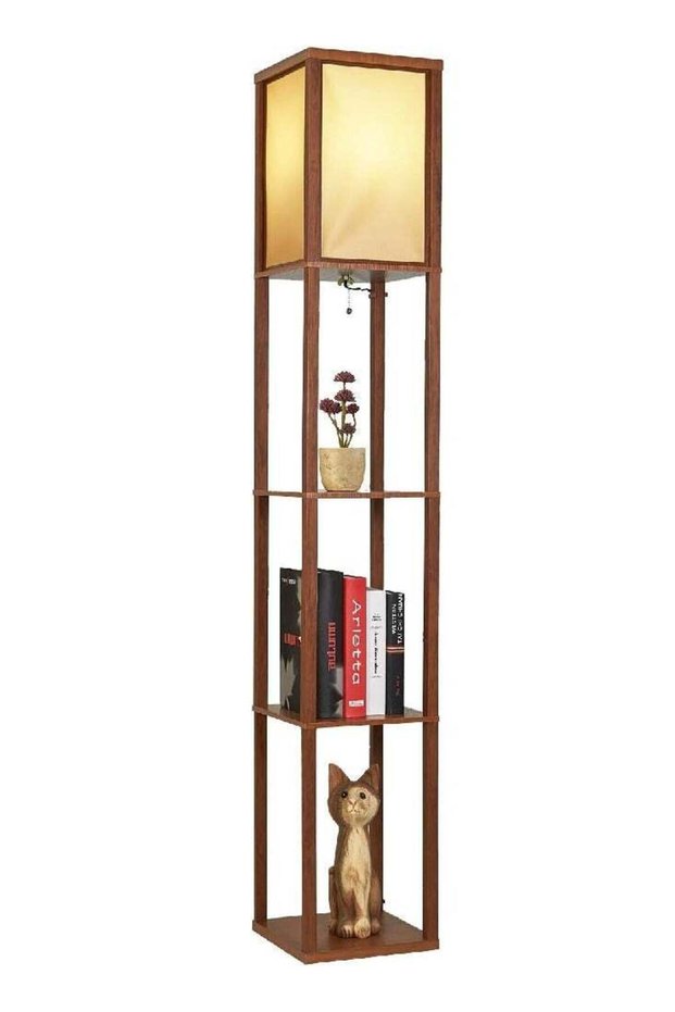 LED Shelf Floor Lamp Asian Wooden Frame with Storage Shelves (Brown)