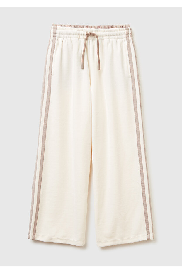 Girl's ecru contrast stripe drawstring wide leg sweatpants