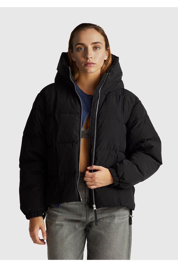 Women's Black down Jacket with Hooded Zippers and Elastic Sleeves