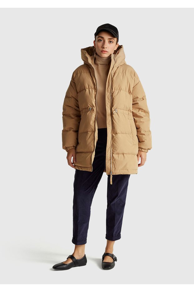 Women's Light Brown down Waist Lace-Up Hooded Long Puffer Coat