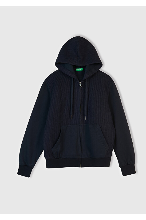 Men's Navy Blue Cotton and Wool Blend Zippered Hooded Sweatshirt with Pockets