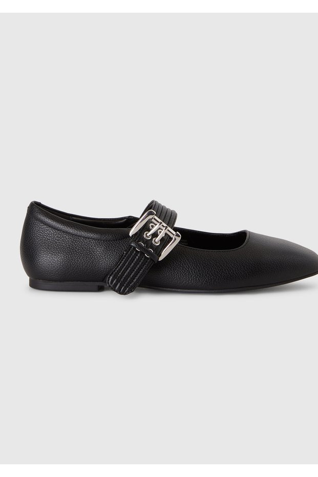 Women's Black Faux Leather Ballerinas with Buckle Detail