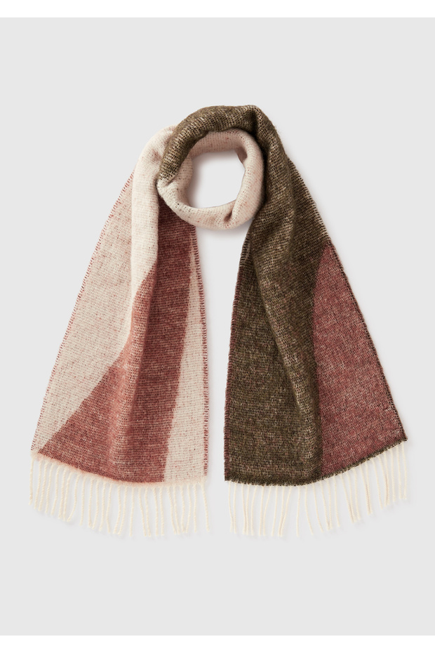 Women's Khaki Acrylic Mixed Patterned Tasseled Scarf