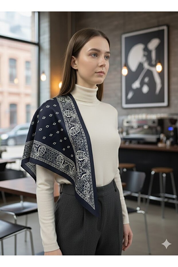 Saray Motif Navy Blue Triangle Scarf Bandana Estacraft - 100X45 cm
