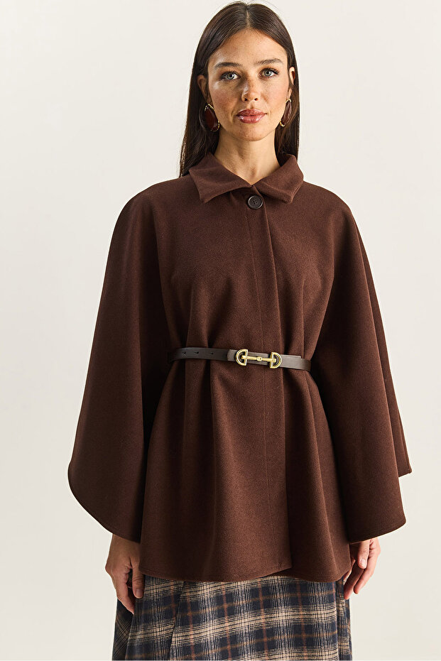 Women's Brown Collared Single Button Detailed Belted Cashmere Poncho 9170 60283812