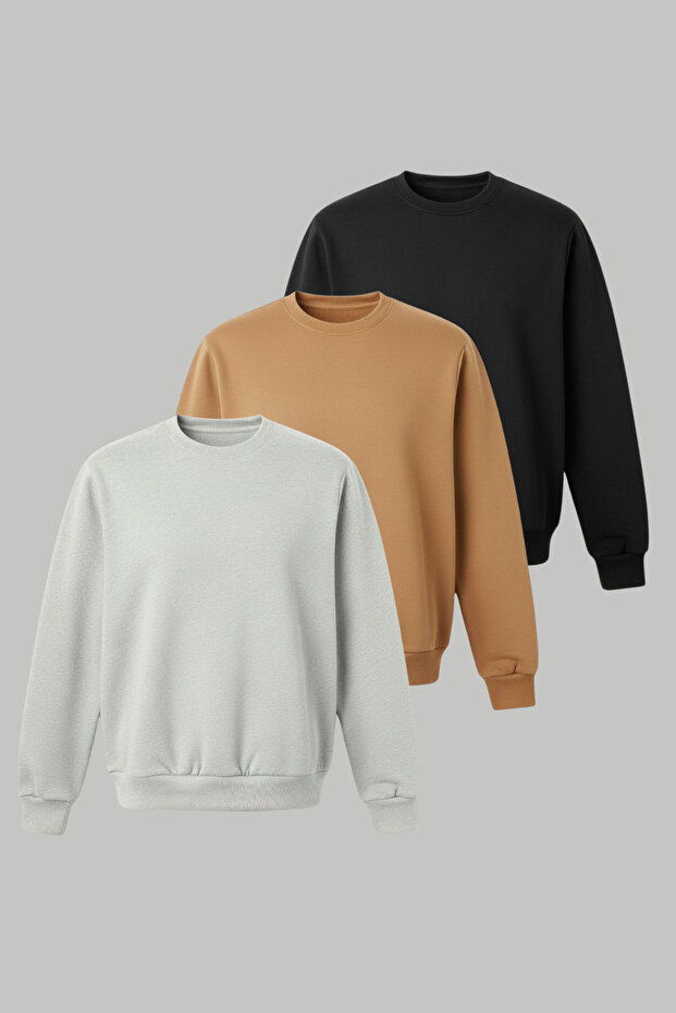 3'lü Paket Basic Bisiklet Yaka Relaxed Regular Sweatshirt