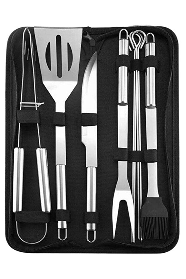 9-Piece BBQ Grill Tool Set Silver 35centimeter