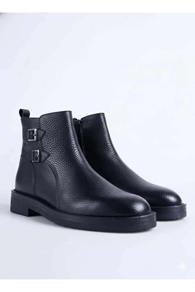 Men's black genuine leather zippered buckle boots - cool