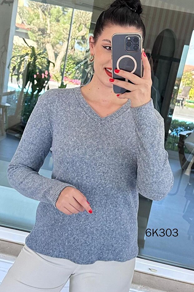 V-Neck Ribbed Knit Yumoş Blouse 6K303