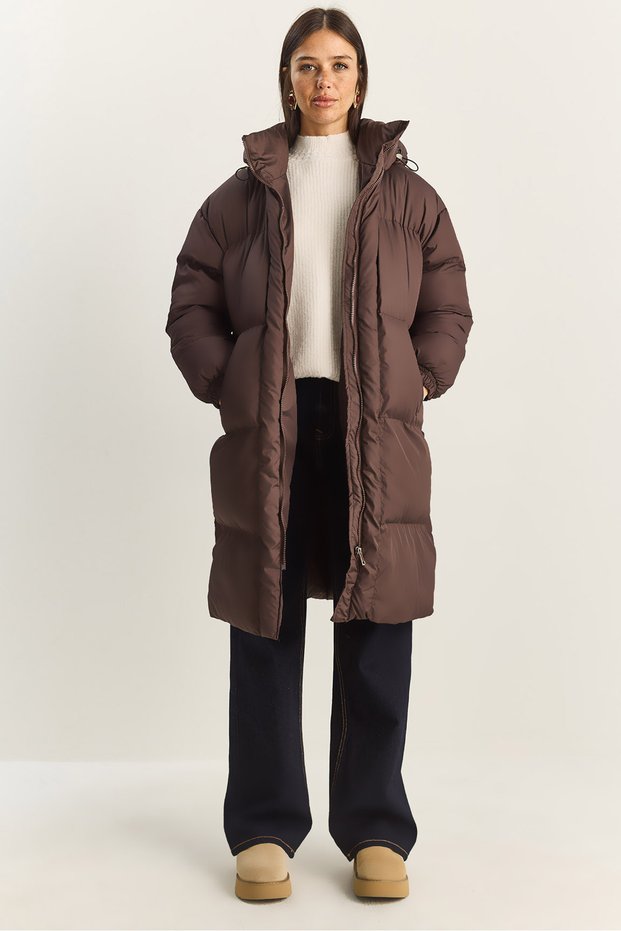 Women's Bitter Brown Pocket Detailed Lined Hooded Long Puffer Coat 1129 60283868