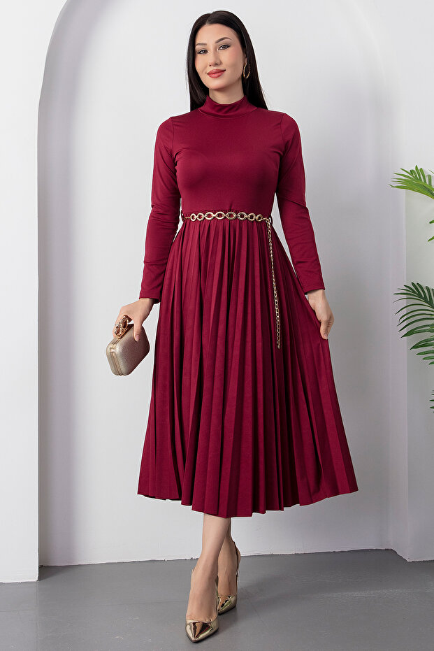 Half Fisherman Skirt Pleated Belted Dress 2025-4400
