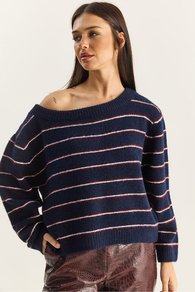 Women's Navy Blue Claret Red Bardot Collar Striped Oversize Knitwear Sweater 2570 60283876