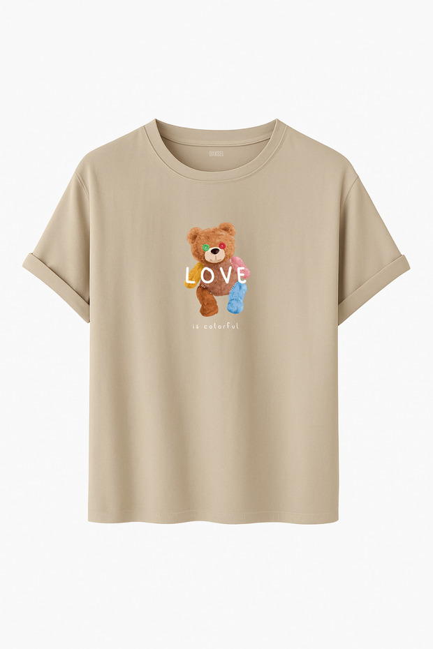 "Love Is Colorful" Colorful Teddy Bear Printed Oversized Regular Fit Unisex T-Shirt