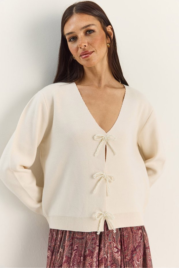 Women's Cream Pearl Bow Accessory V-Neck Knitwear Cardigan Th251070 60283885