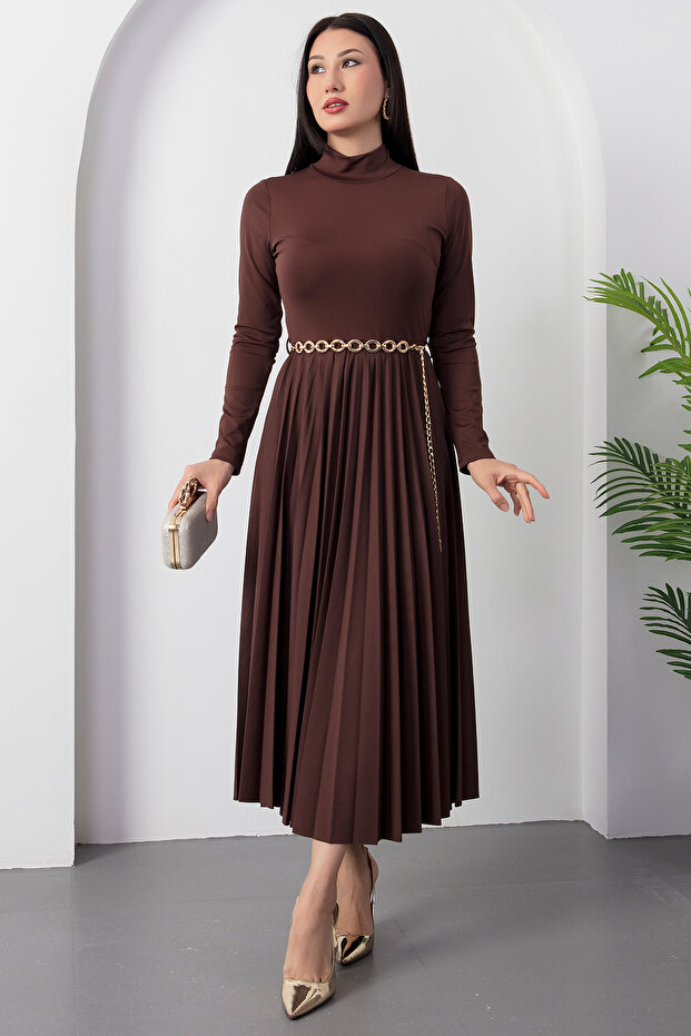 Half Fisherman Skirt Pleated Belted Dress 2025-4400