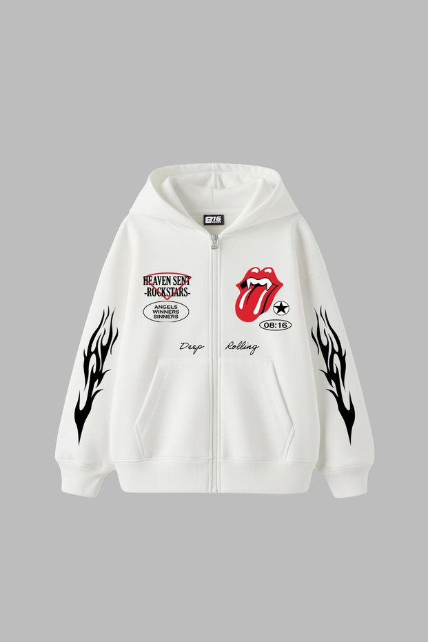 Deep Rolling Zippered Hooded Zip Unisex White Sweatshirt