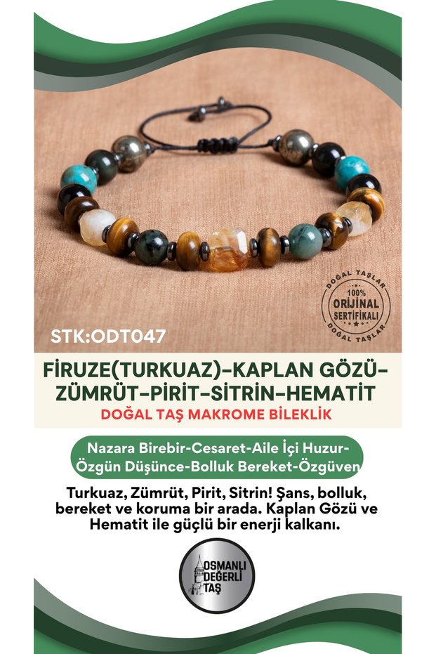Certified Turquoise(Turquoise)-Tiger's Eye-Emerald-Pyrite-Citrine-Hematite Natural Stone Bracelet Odt047