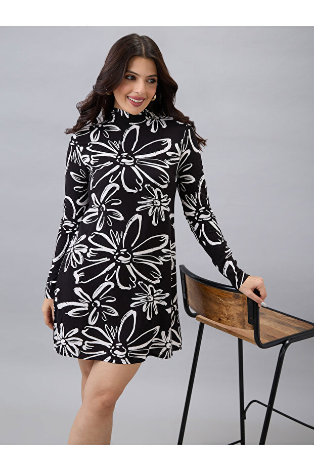 Black High Neck Floral Print Mini Dress