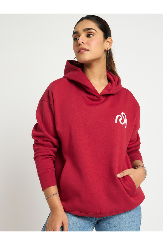 Red Oversized Fleece Graphic Hoodie