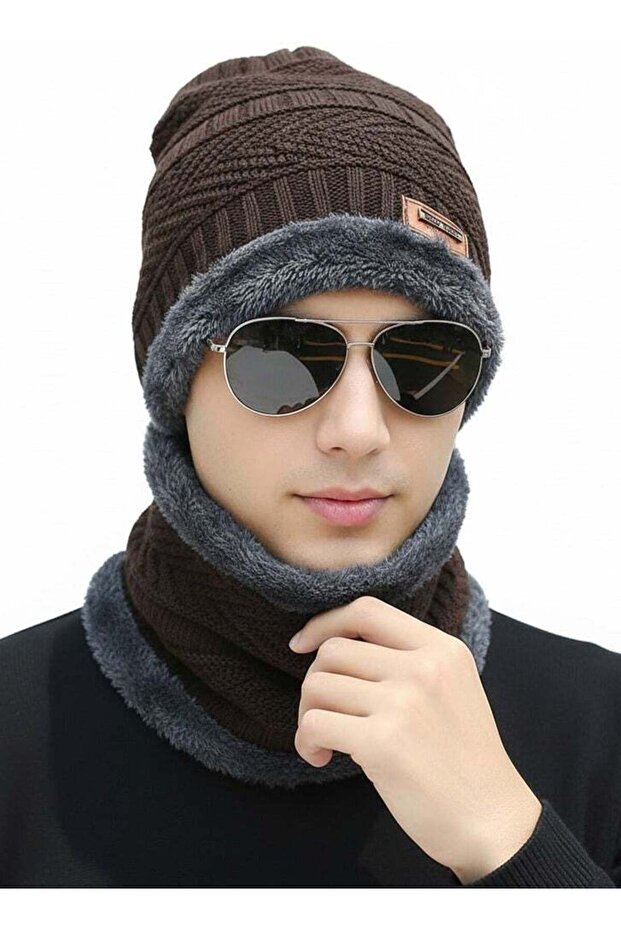 2-Piece Brown Winter Thick Hat Beanie scarf set