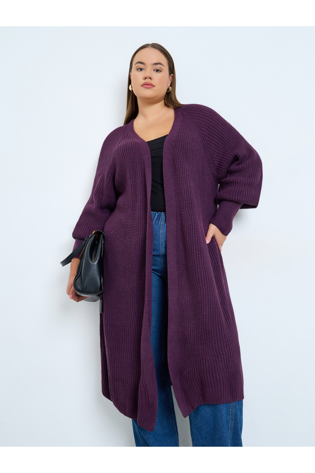 Plus Size Purple Chunky Knit Long Cardigan