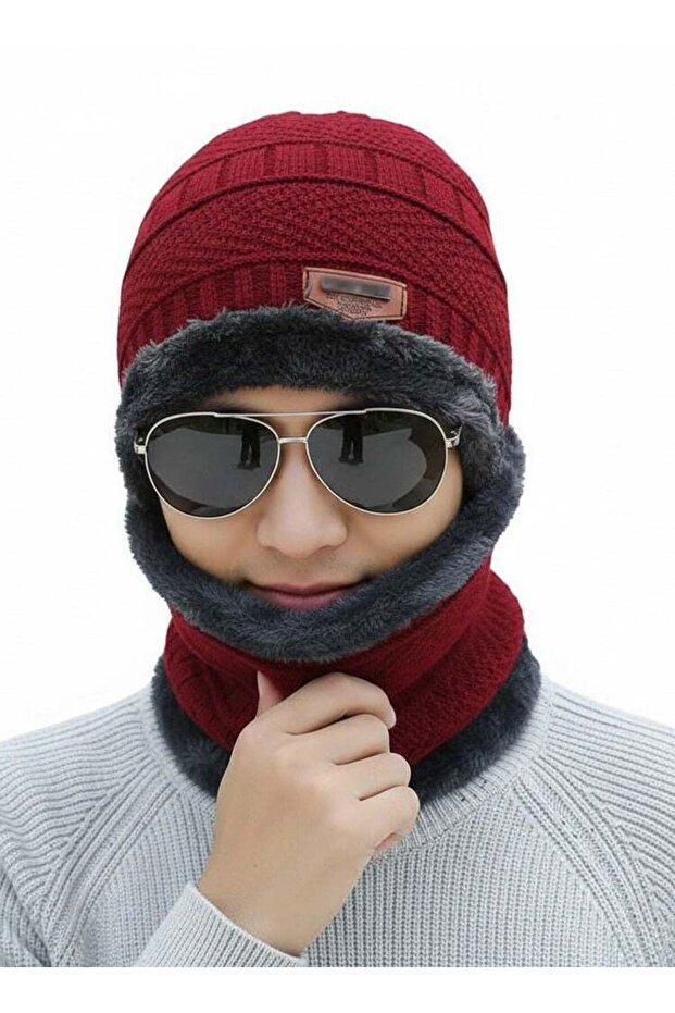 2-Piece Burgundy Winter Thick Hat Beanie Scarf Set