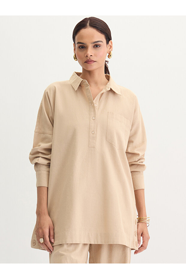 Beige Cotton Linen Button Detail Tunic