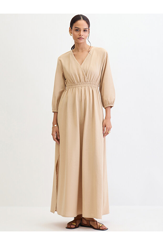 Beige Linen Blend Slit Detail Maxi Dress