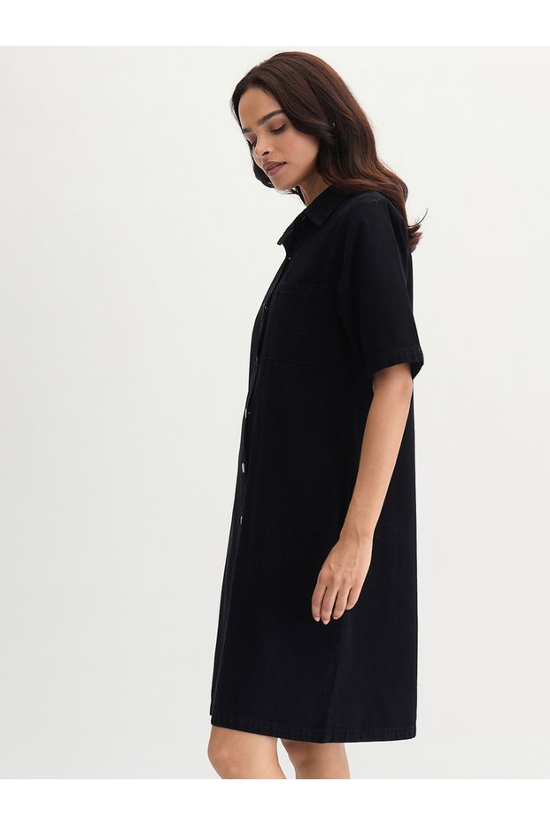 Black Denim Knee Length Shirt Dress