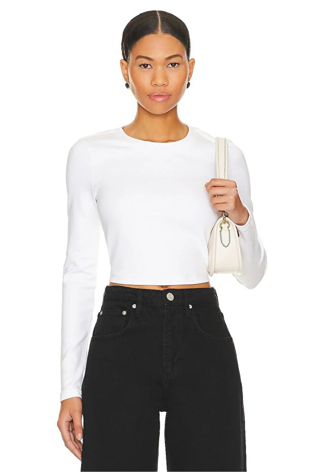 Women's White Crew Neck Long Sleeve Stretchy Sandy Fabric Basic Crop Top Body Blouse