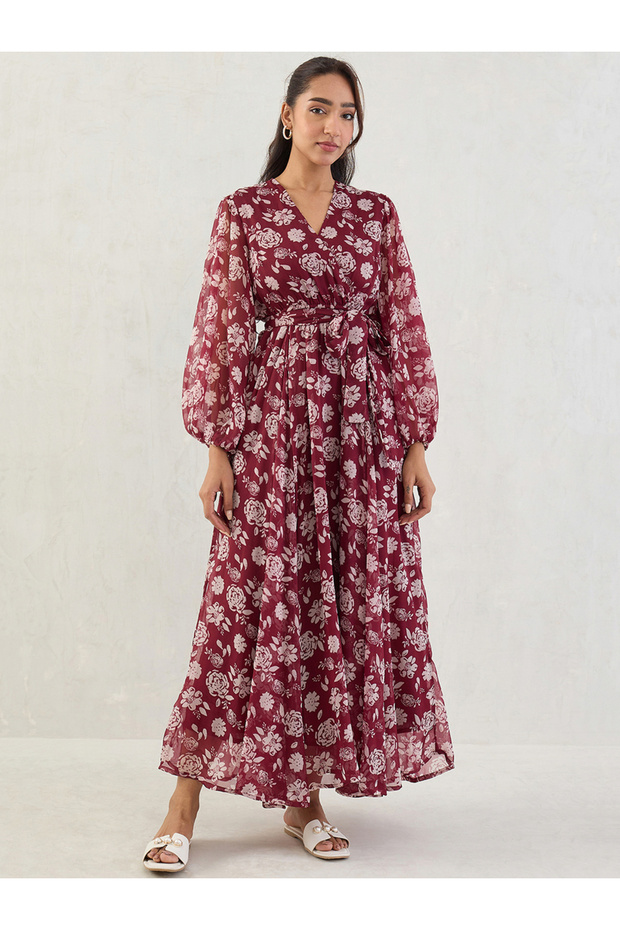 Deep Red Floral Print Balloon Sleeve Wrap Maxi Dress