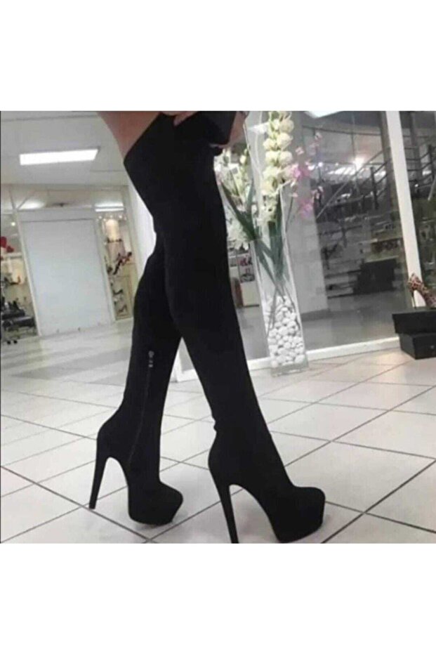 Women's Black Lycra Suede 16 cm Heeled Boots