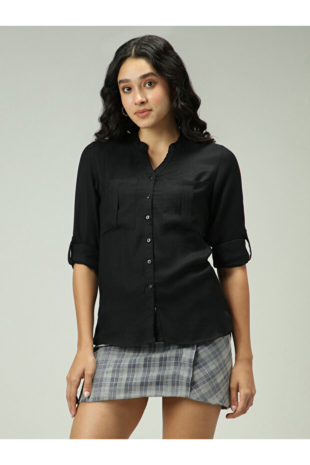 Black Solid Shirt with Roll-Up Sleeves