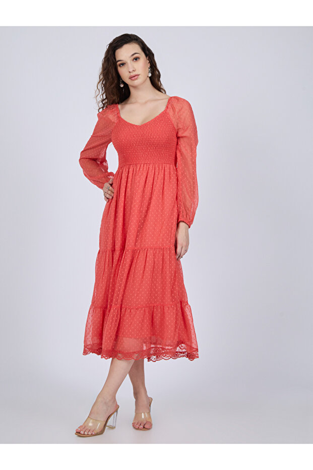 Coral Dobby Tiered Midi Dress