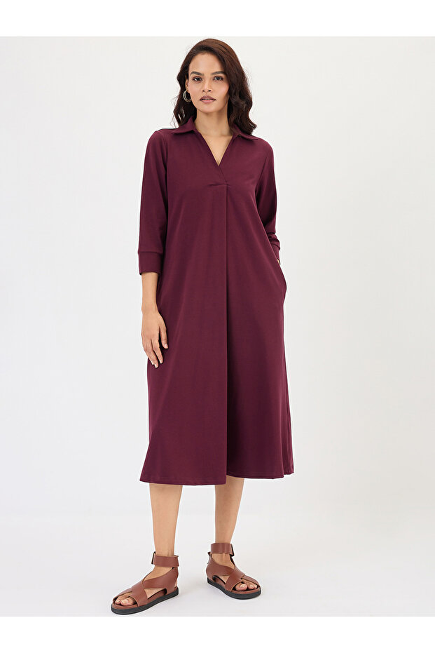 Wine A-Line Midi Dress with 3/4 Sleeves