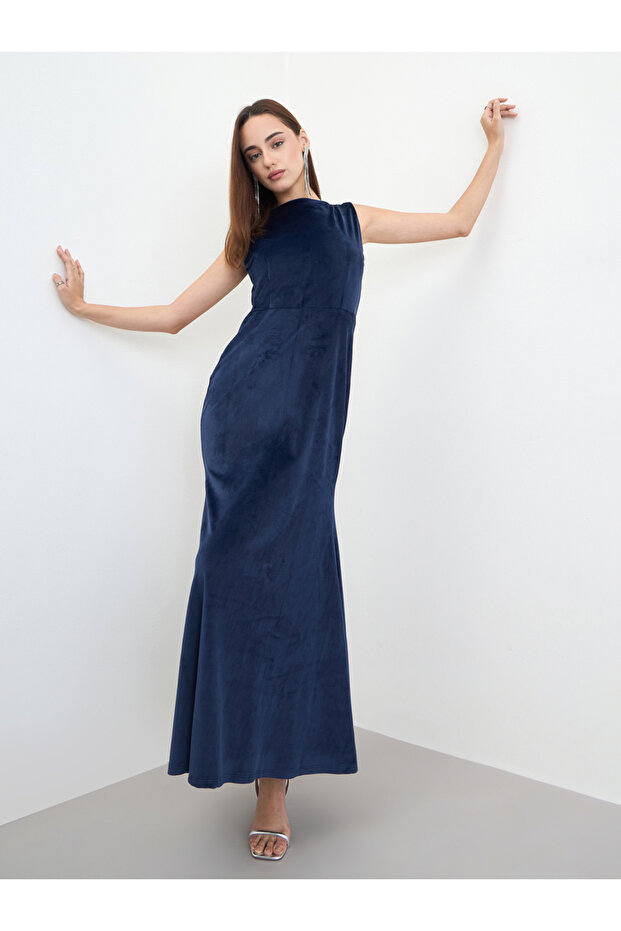 Blue Velvet Look Sleeveless Maxi Dress