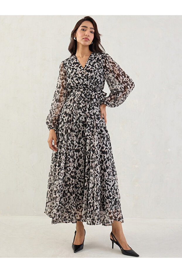 Black Abstract Print Wrap Maxi Dress
