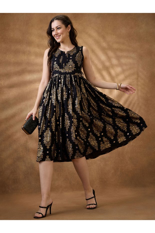 Foil Print Ethnic Motif Round Neck Midi A-Line Dress